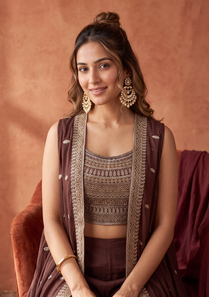Brown Chinon Gold Zariwork Crop Top Kurta With Palazzo And Dupatta