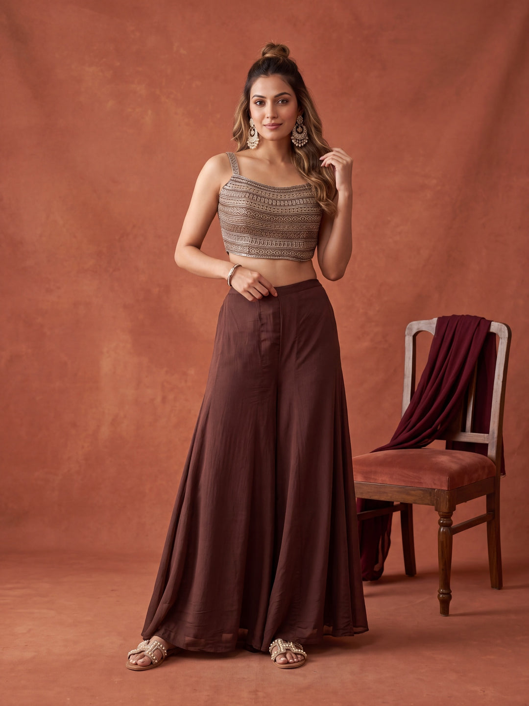 Brown Chinon Gold Zariwork Crop Top Kurta With Palazzo And Dupatta