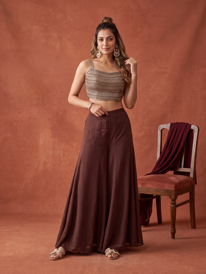 Brown Chinon Gold Zariwork Crop Top Kurta With Palazzo And Dupatta