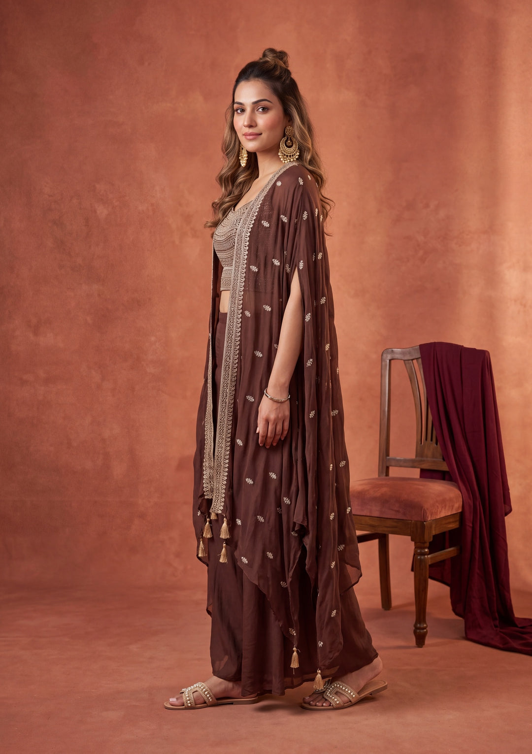 Brown Chinon Gold Zariwork Crop Top Kurta With Palazzo And Dupatta