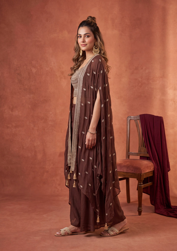 Brown Chinon Gold Zariwork Crop Top Kurta With Palazzo And Dupatta