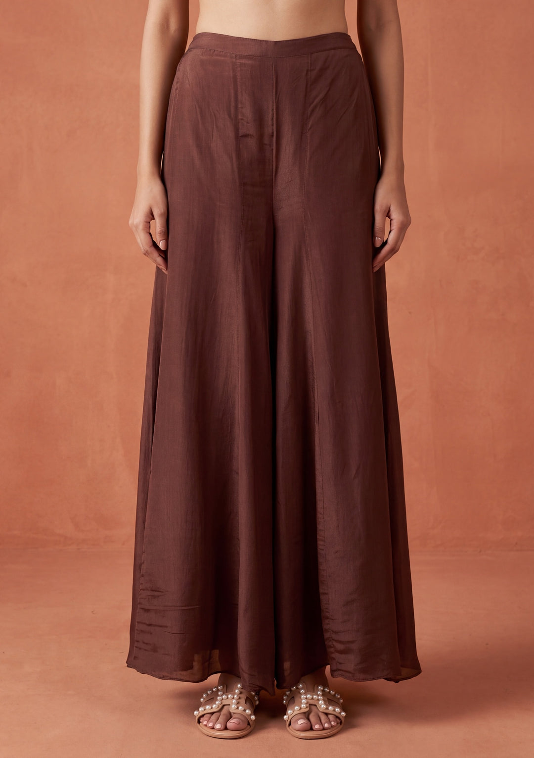 Brown Chinon Gold Zariwork Crop Top Kurta With Palazzo And Dupatta