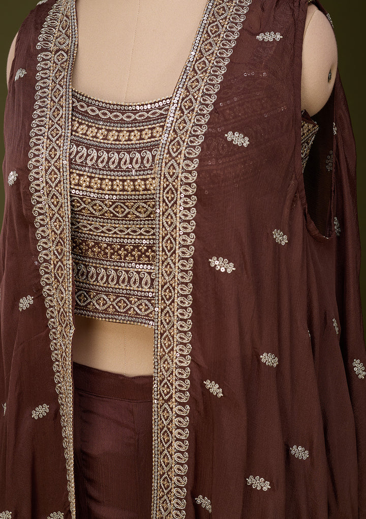 Brown Chinon Gold Zariwork Crop Top Kurta With Palazzo And Dupatta