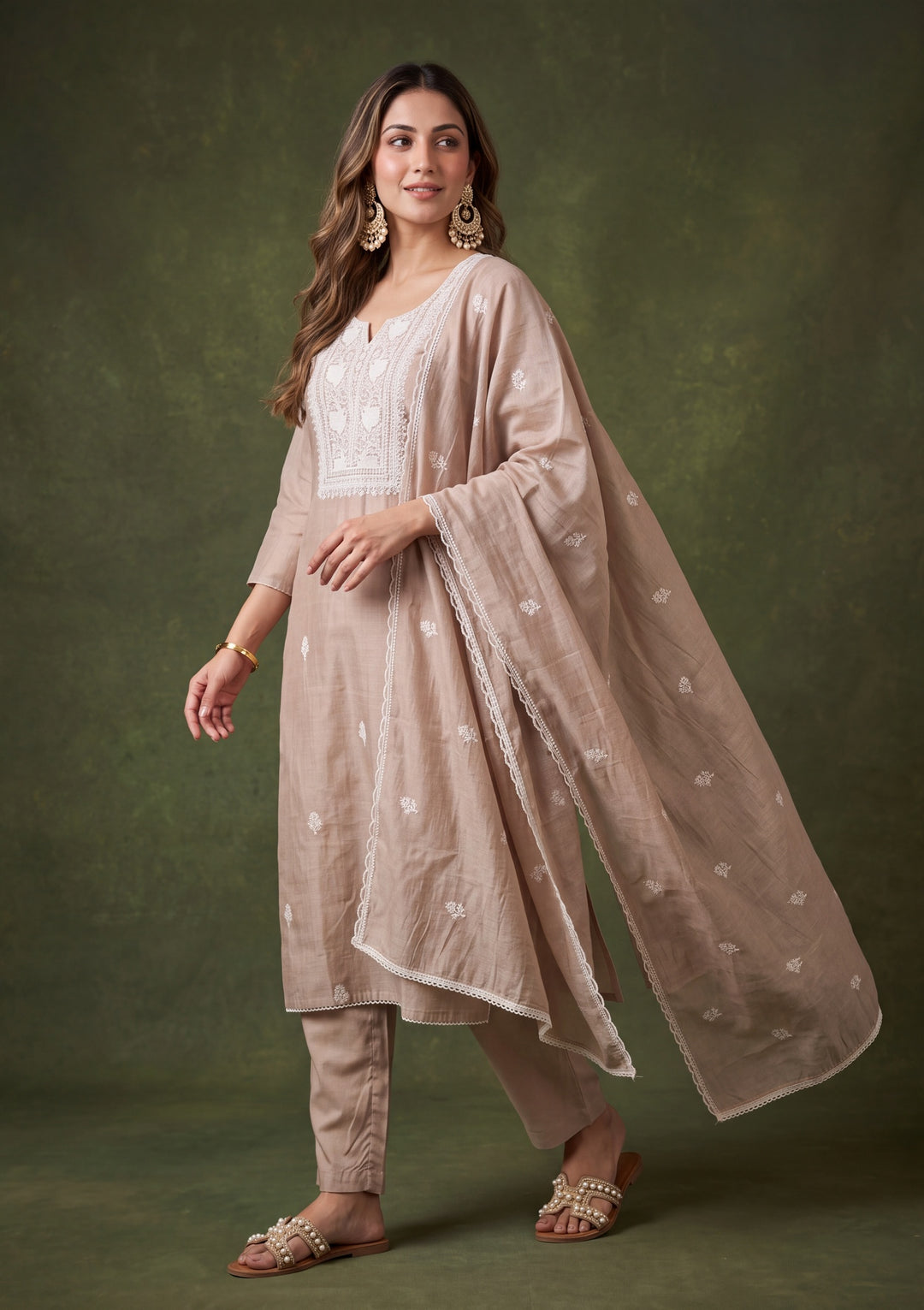Light Brown Chanderi Threadwork Straight Kurta With Pant Regular And Dupatta