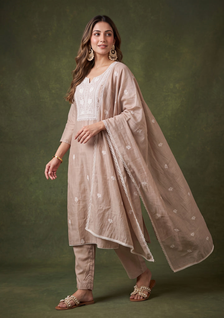 Light Brown Chanderi Threadwork Straight Kurta With Pant Regular And Dupatta