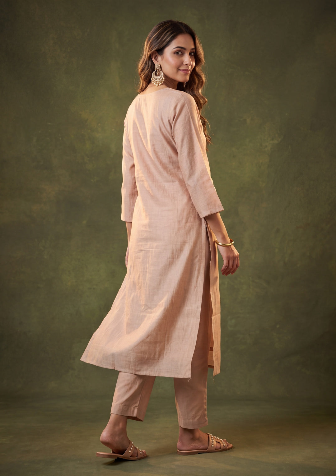 Light Brown Chanderi Threadwork Straight Kurta With Pant Regular And Dupatta