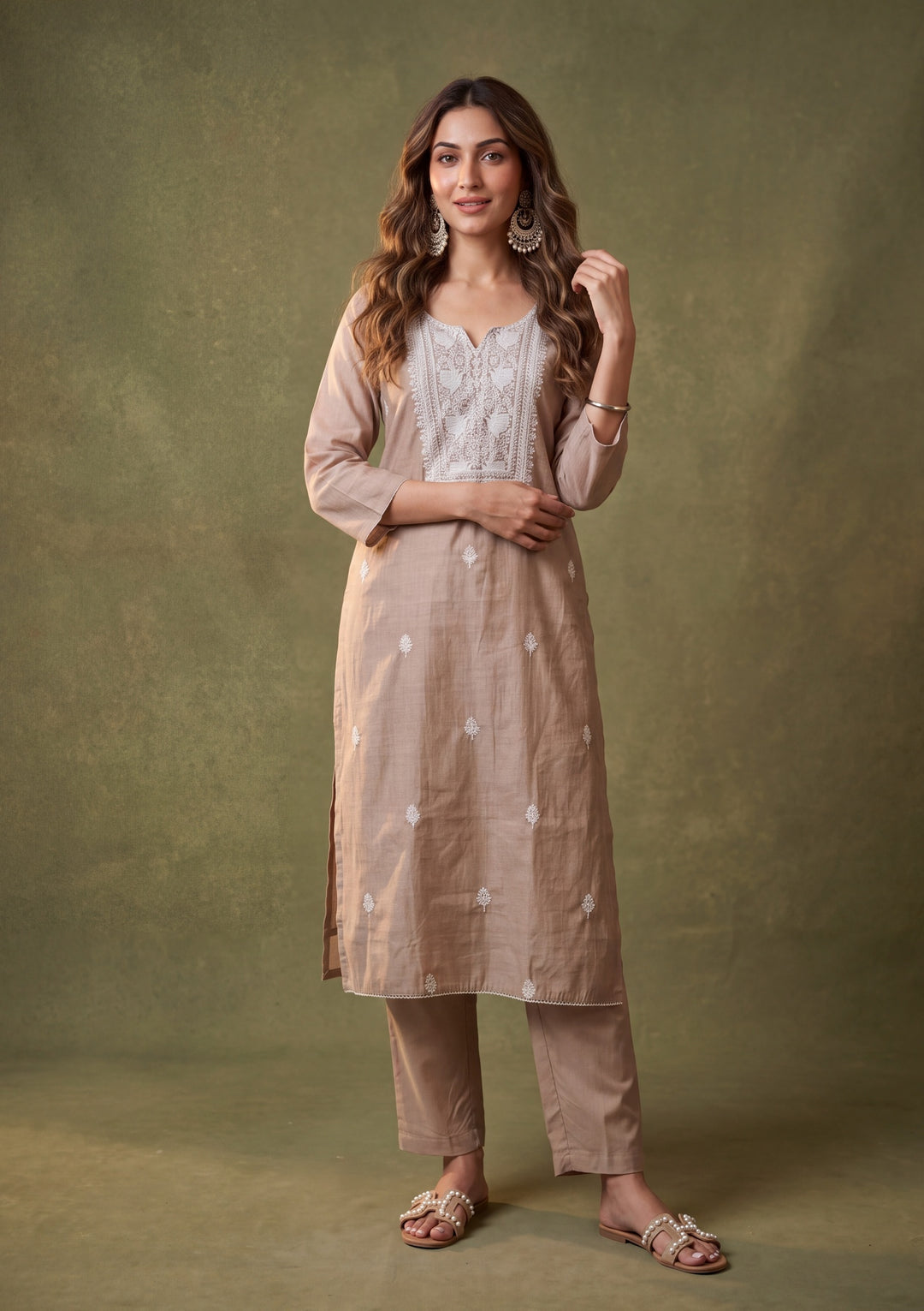 Light Brown Chanderi Threadwork Straight Kurta With Pant Regular And Dupatta