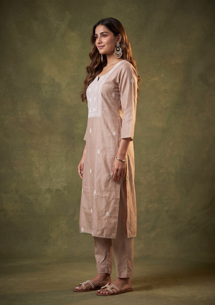 Light Brown Chanderi Threadwork Straight Kurta With Pant Regular And Dupatta