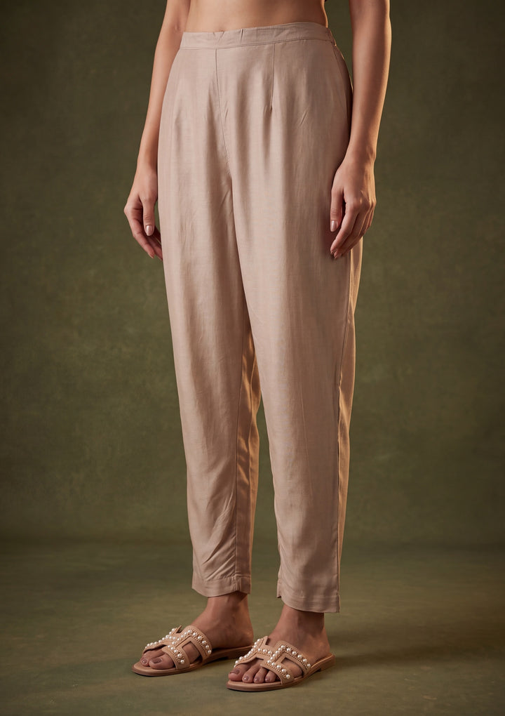 Light Brown Chanderi Threadwork Straight Kurta With Pant Regular And Dupatta