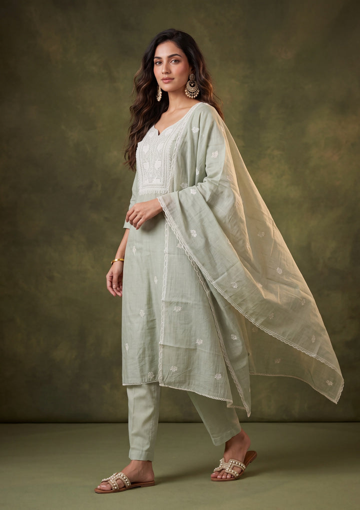 Pista Green Chanderi Threadwork Straight Kurta With Pant Regular And Dupatta