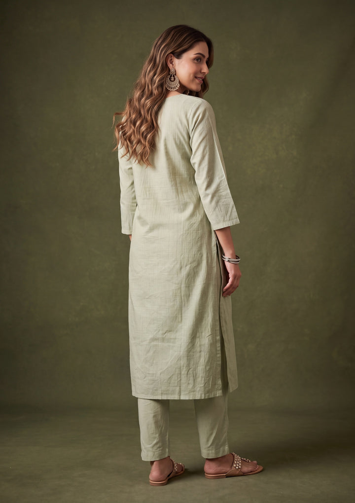 Pista Green Chanderi Threadwork Straight Kurta With Pant Regular And Dupatta