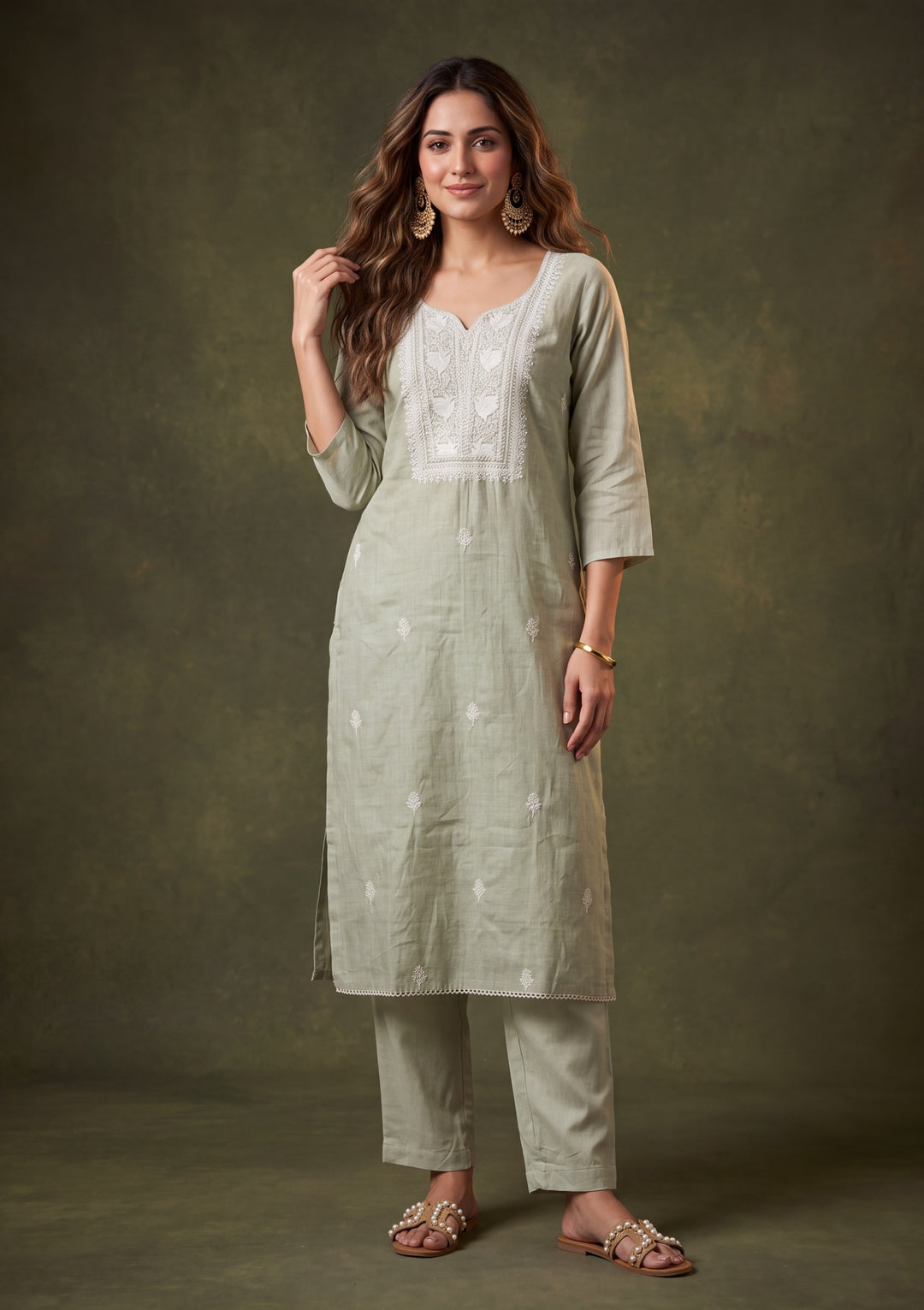 Pista Green Chanderi Threadwork Straight Kurta With Pant Regular And Dupatta