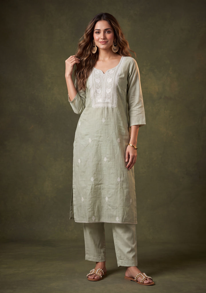 Pista Green Chanderi Threadwork Straight Kurta With Pant Regular And Dupatta