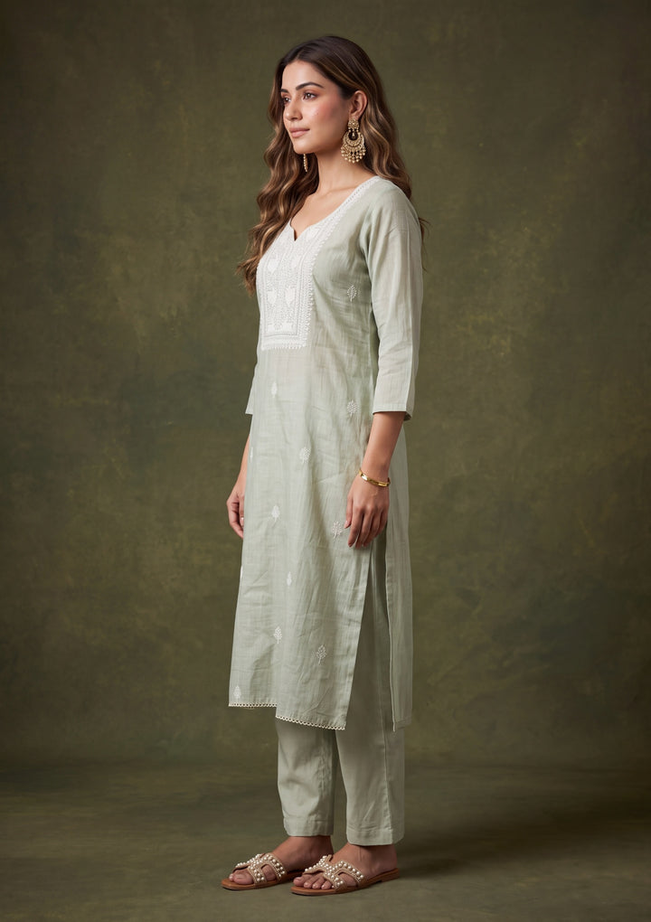 Pista Green Chanderi Threadwork Straight Kurta With Pant Regular And Dupatta