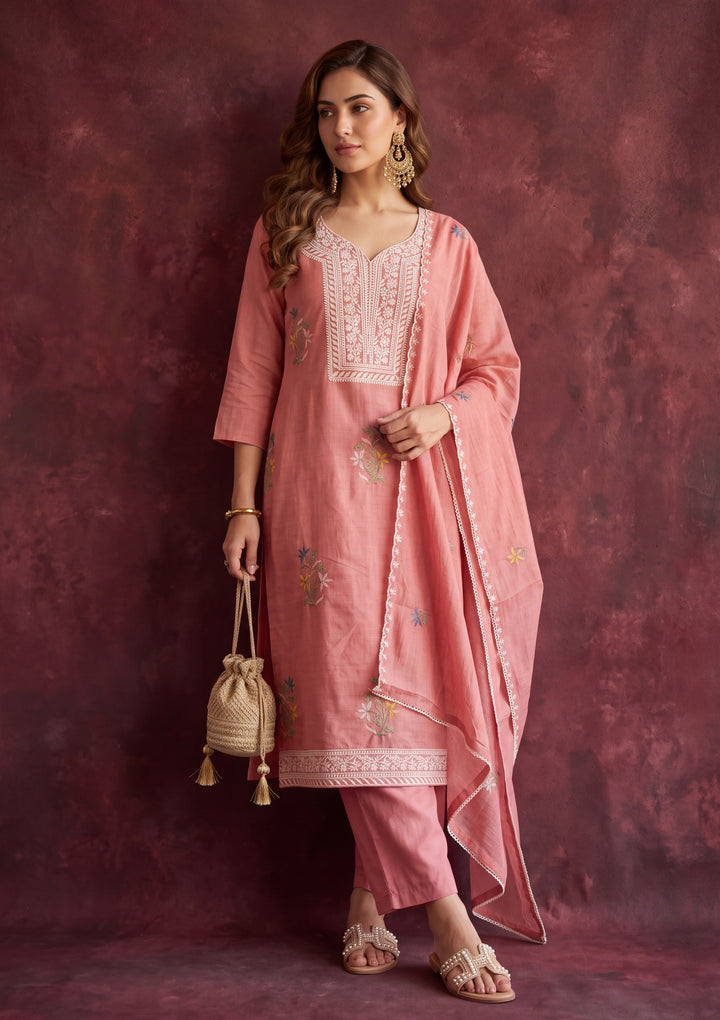 Peach Cotton Threadwork Straight Kurta With Pant Regular And Dupatta