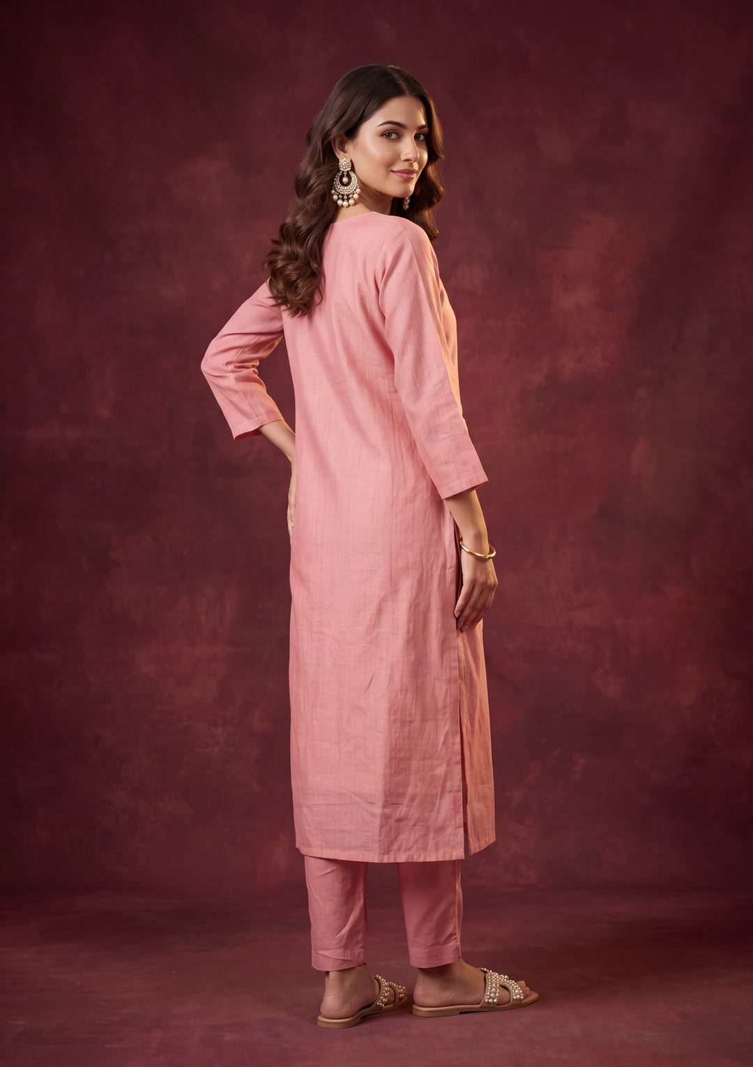Peach Cotton Threadwork Straight Kurta With Pant Regular And Dupatta