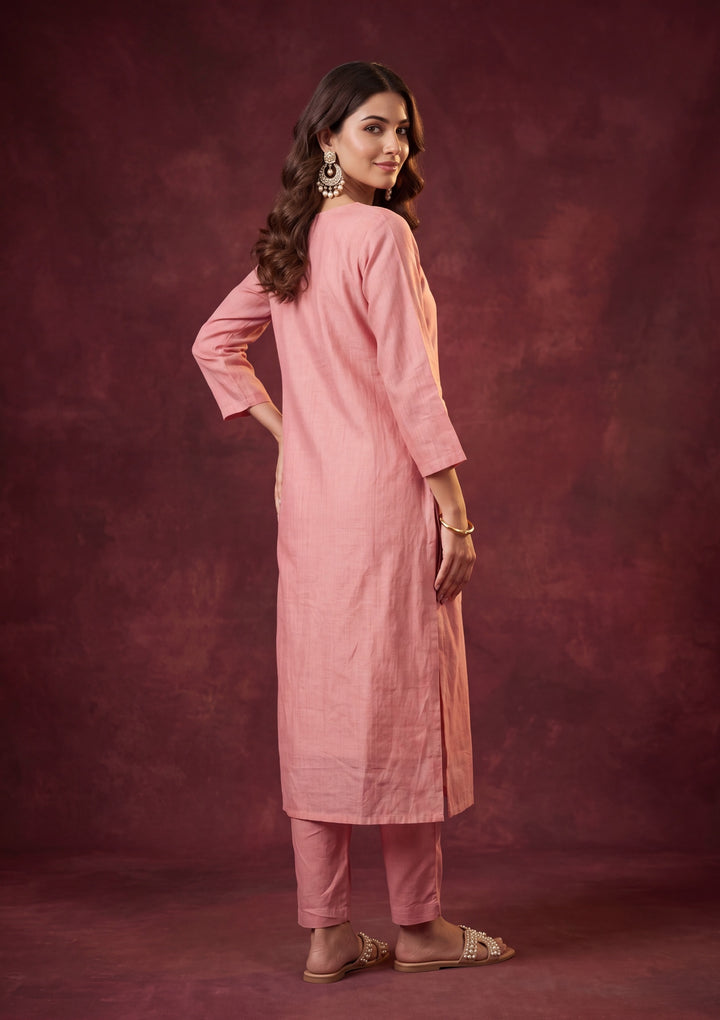Peach Cotton Threadwork Straight Kurta With Pant Regular And Dupatta