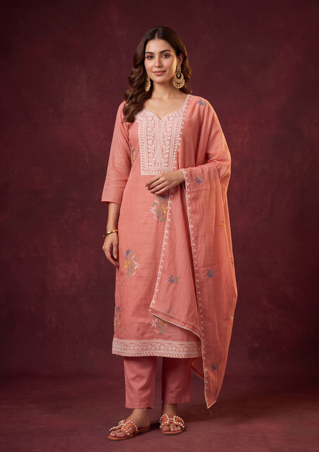 Peach Cotton Threadwork Straight Kurta With Pant Regular And Dupatta