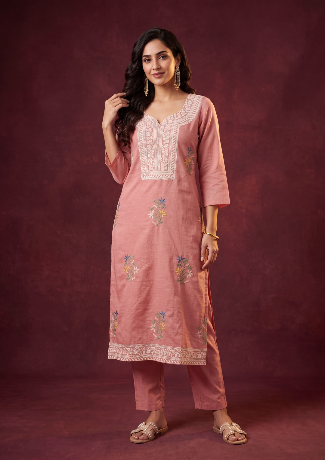 Peach Cotton Threadwork Straight Kurta With Pant Regular And Dupatta