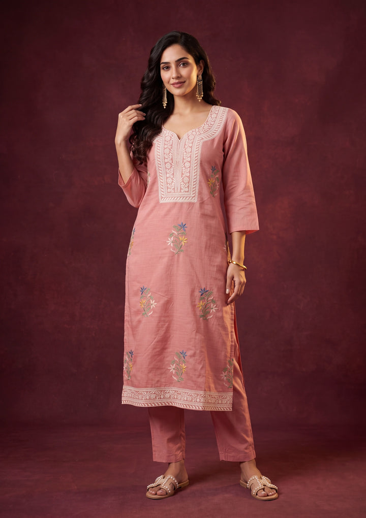 Peach Cotton Threadwork Straight Kurta With Pant Regular And Dupatta