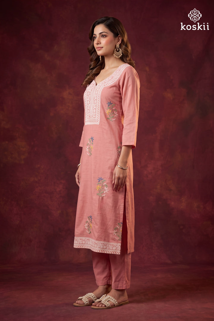 Peach Cotton Threadwork Straight Kurta With Pant Regular And Dupatta
