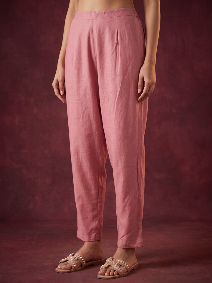 Peach Cotton Threadwork Straight Kurta With Pant Regular And Dupatta