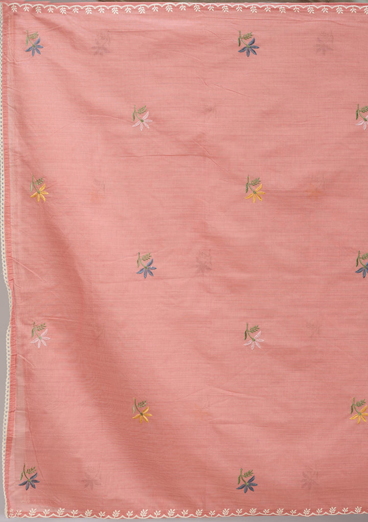 Peach Cotton Threadwork Straight Kurta With Pant Regular And Dupatta