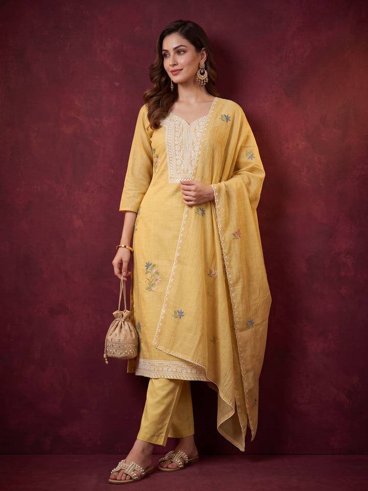 Yellow Cotton Threadwork Straight Kurta With Regular Pant And Dupatta