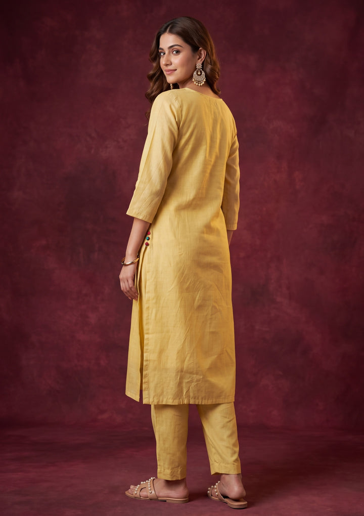 Yellow Cotton Threadwork Straight Kurta With Regular Pant And Dupatta