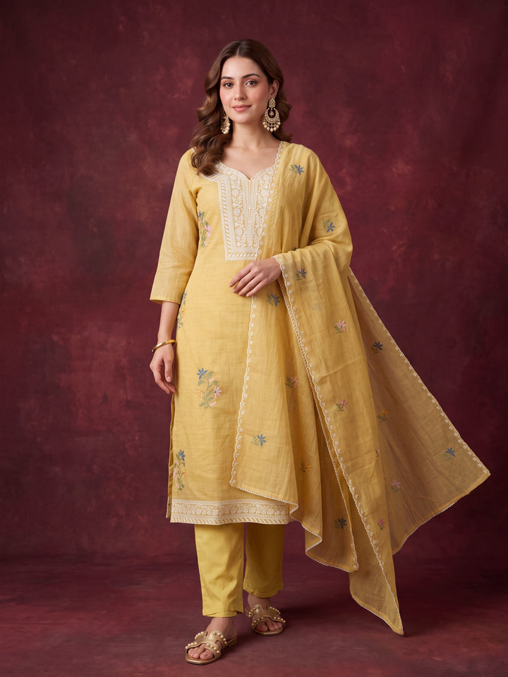 Yellow Cotton Threadwork Straight Kurta With Regular Pant And Dupatta