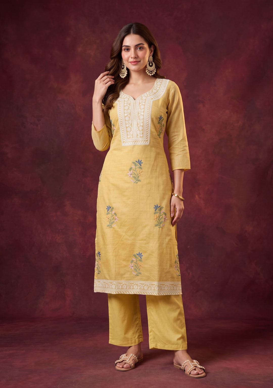 Yellow Cotton Threadwork Straight Kurta With Regular Pant And Dupatta