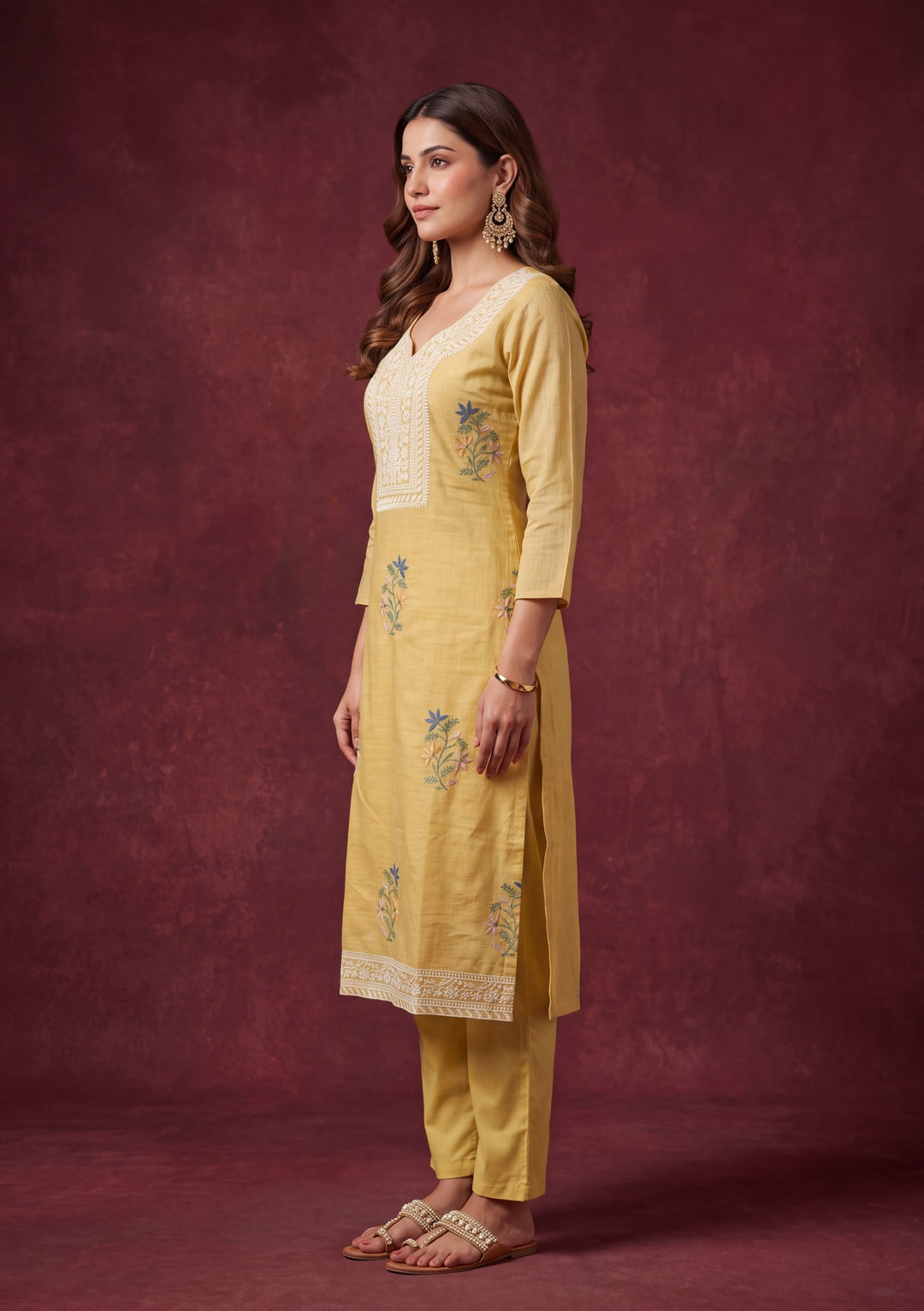 Yellow Cotton Threadwork Straight Kurta With Regular Pant And Dupatta