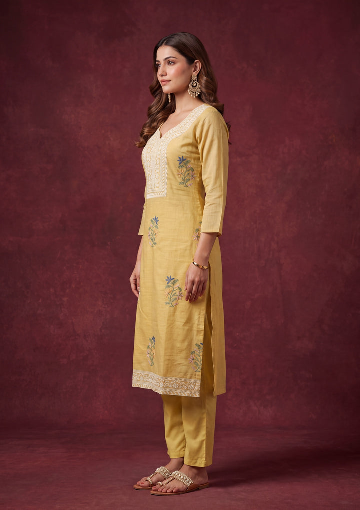 Yellow Cotton Threadwork Straight Kurta With Regular Pant And Dupatta