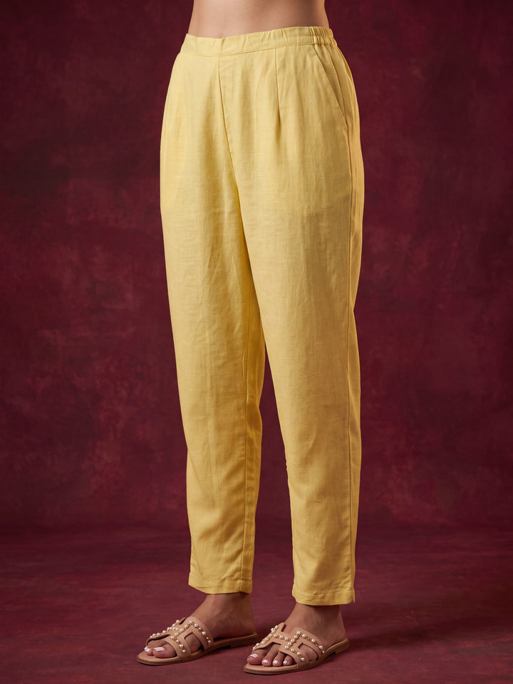 Yellow Cotton Threadwork Straight Kurta With Regular Pant And Dupatta