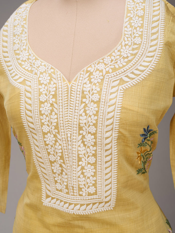 Yellow Cotton Threadwork Straight Kurta With Regular Pant And Dupatta