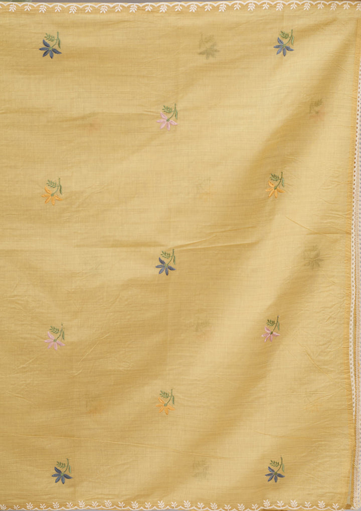Yellow Cotton Threadwork Straight Kurta With Regular Pant And Dupatta