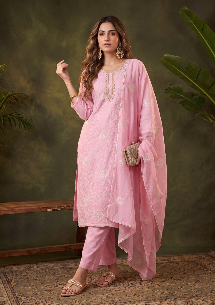 Baby Pink Chanderi Threadwork Straight Kurta With Pant Regular And Dupatta