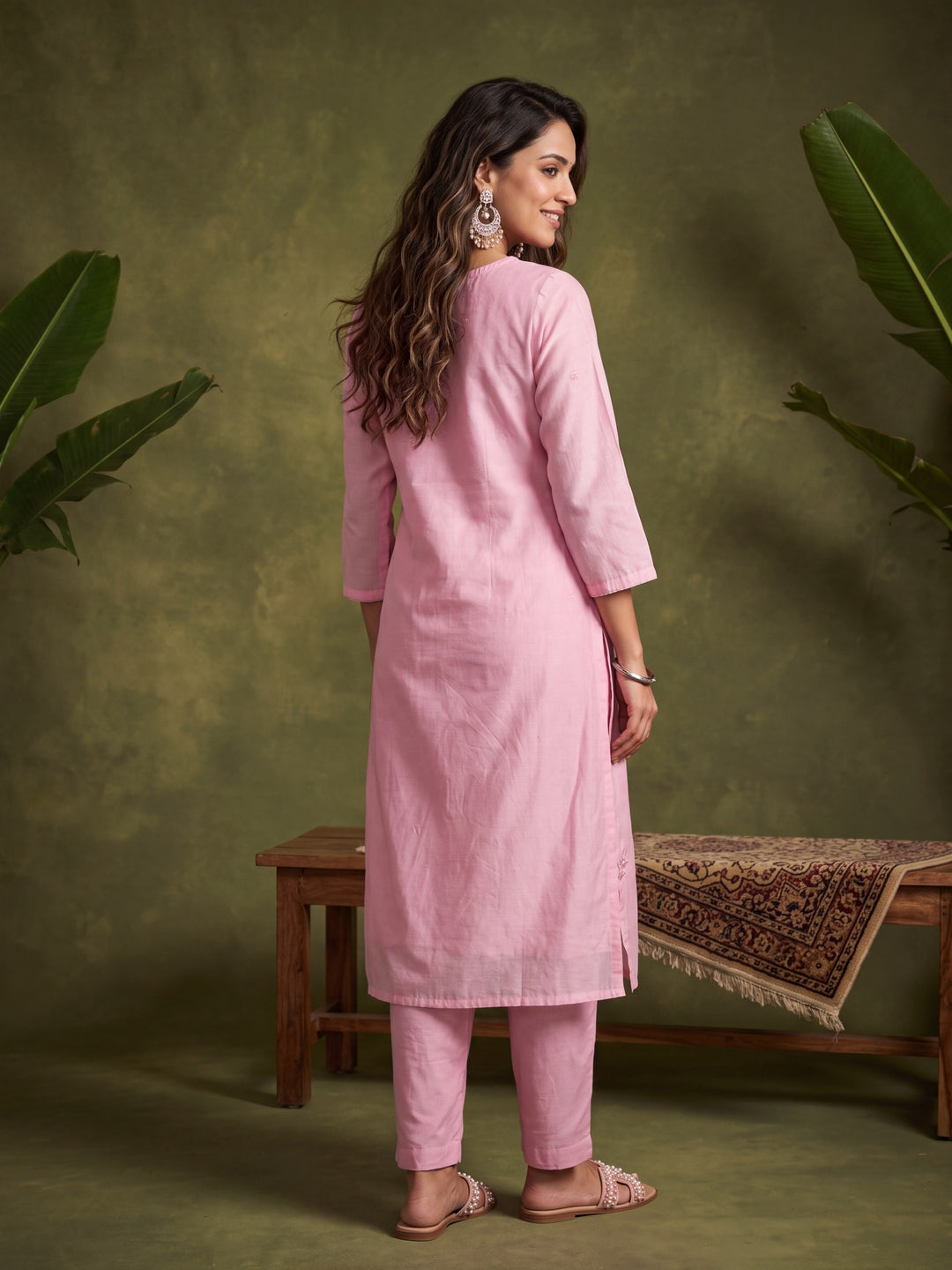 Baby Pink Chanderi Threadwork Straight Kurta With Pant Regular And Dupatta