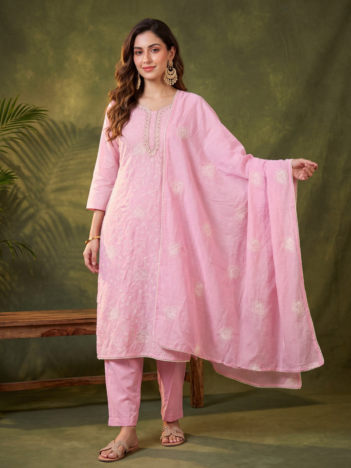 Baby Pink Chanderi Threadwork Straight Kurta With Pant Regular And Dupatta
