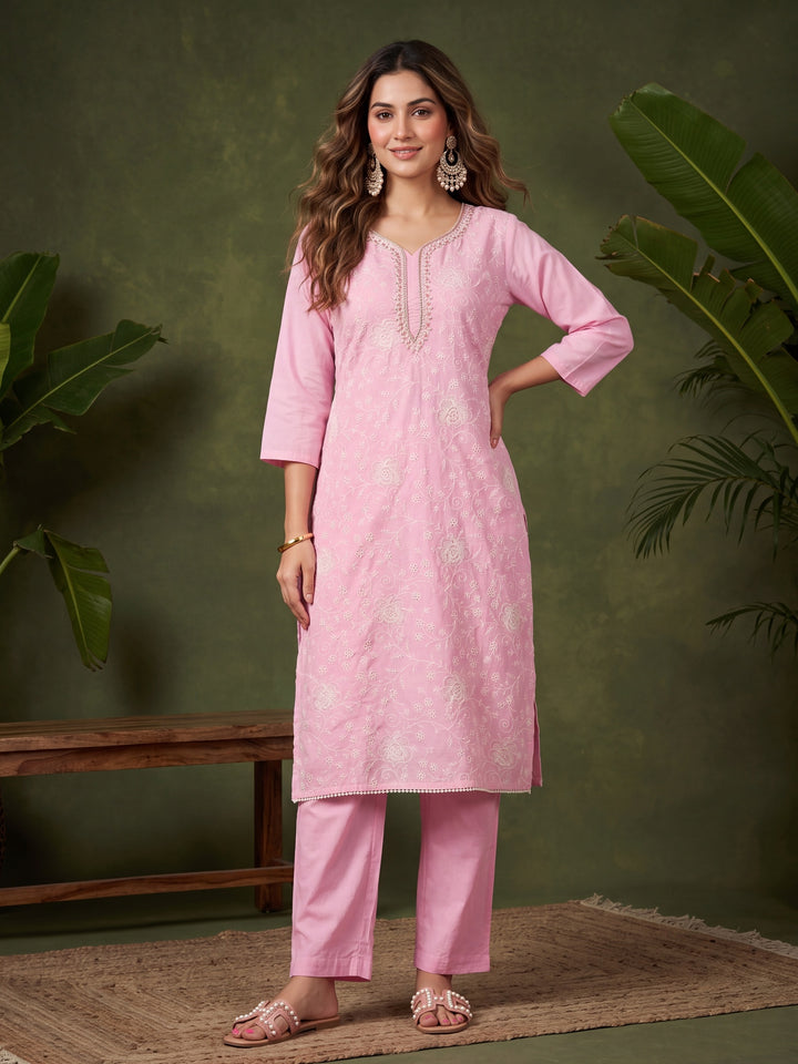Baby Pink Chanderi Threadwork Straight Kurta With Pant Regular And Dupatta