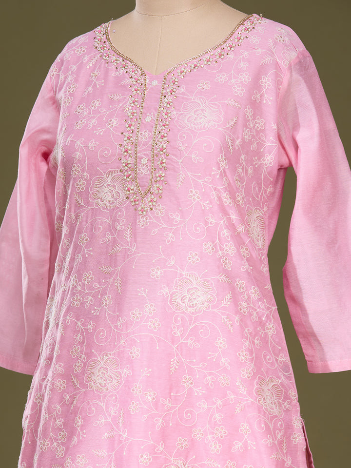Baby Pink Chanderi Threadwork Straight Kurta With Pant Regular And Dupatta