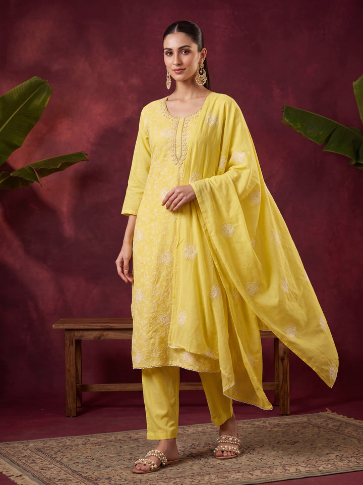 Yellow Chanderi Threadwork Straight Kurta With Pant Regular And Dupatta