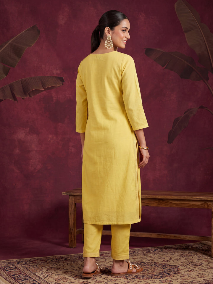 Yellow Chanderi Threadwork Straight Kurta With Pant Regular And Dupatta