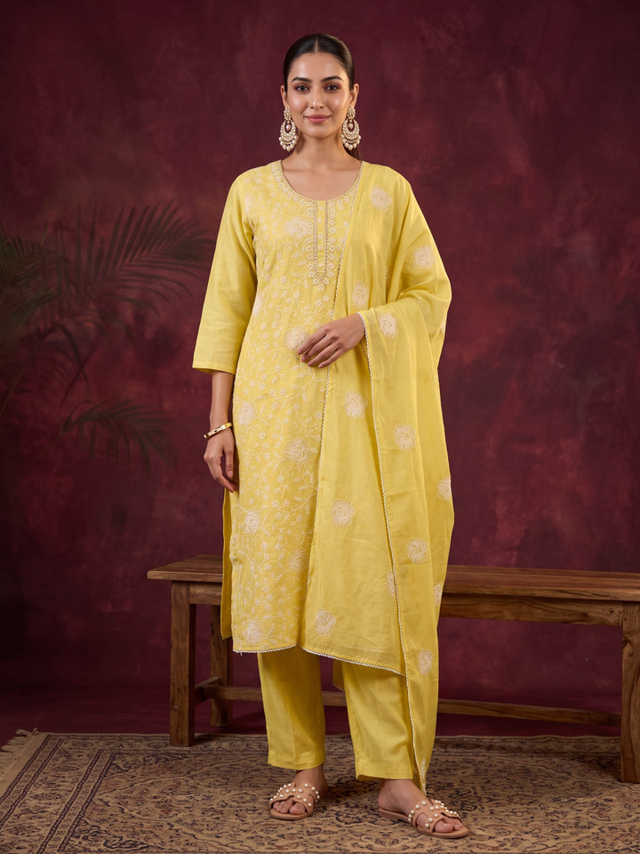 Yellow Chanderi Threadwork Straight Kurta With Pant Regular And Dupatta