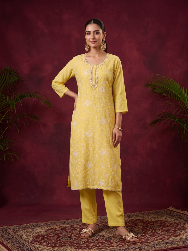 Yellow Chanderi Threadwork Straight Kurta With Pant Regular And Dupatta
