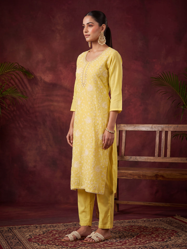 Yellow Chanderi Threadwork Straight Kurta With Pant Regular And Dupatta