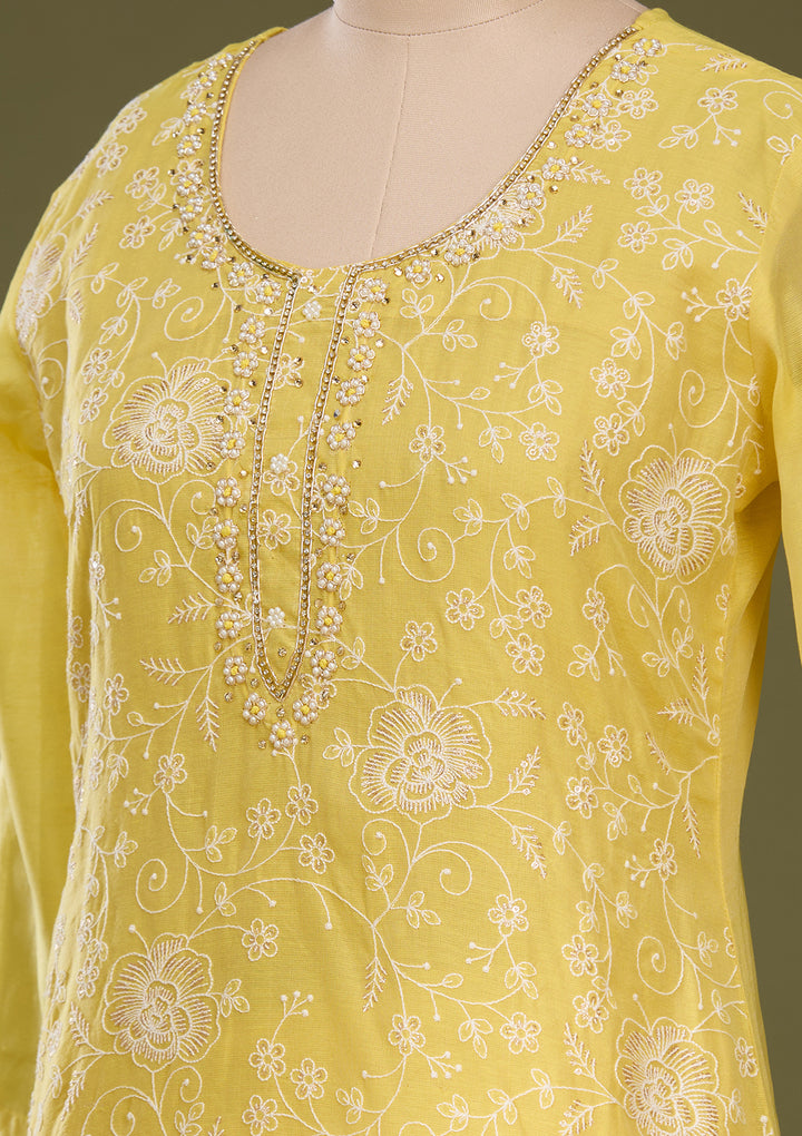 Yellow Chanderi Threadwork Straight Kurta With Pant Regular And Dupatta