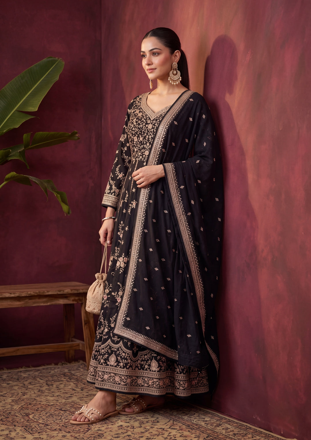 Black Soft Raw Silk Gold Zariwork Anarkali Kurta With Bottom And Dupatta