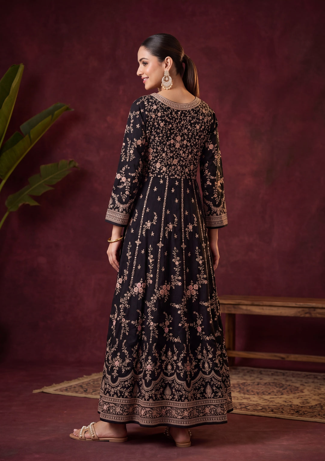 Black Soft Raw Silk Gold Zariwork Anarkali Kurta With Bottom And Dupatta