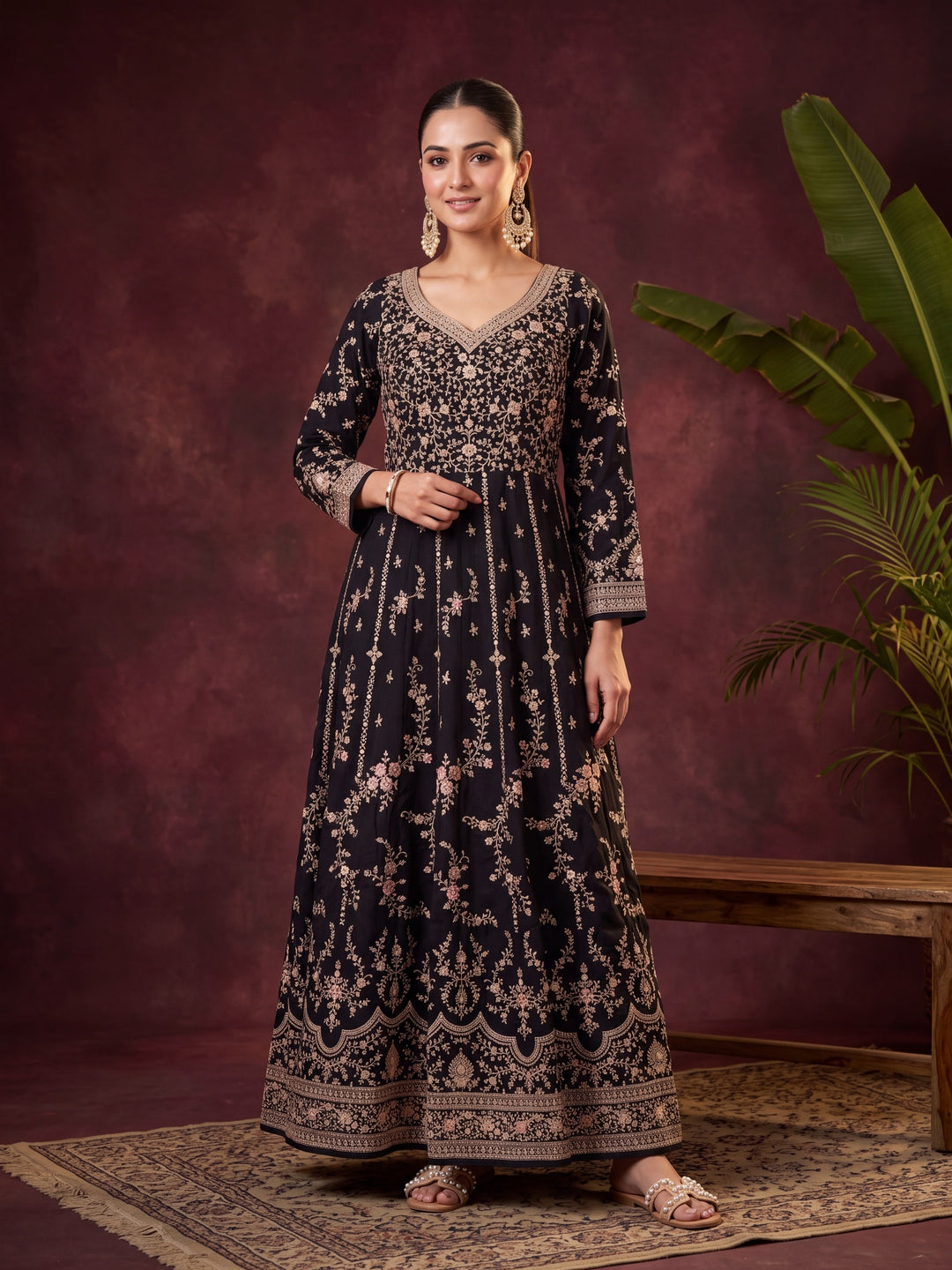 Black Soft Raw Silk Gold Zariwork Anarkali Kurta With Bottom And Dupatta